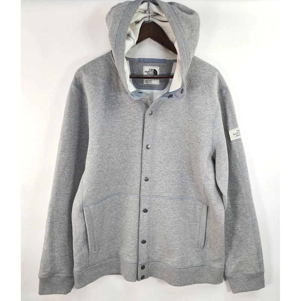 The North Face Jacket Hoodie Mens Large Gray Full Snap Button Cotton Sweatshirt